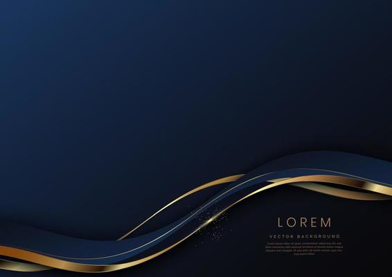 Abstract 3d dark blue background with ribbon gold lines curved wavy sparkle with copy space for text. Luxury style template design.