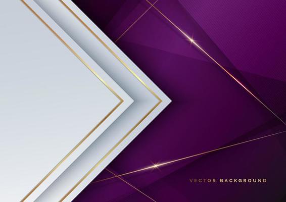 Abstract elegant template white triangle with golden lines on violet background with copy space for text. Luxury concept.