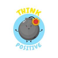 Positive Thinking, cute bomb character doing meditation vector