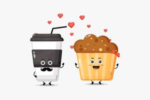 linda taza de café y personaje de muffin se enamoran vector