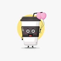 Cute coffee cup character carrying balloon vector