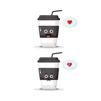 lindo personaje de taza de café con expresiones felices y tristes vector