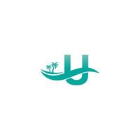 letra u logo cocotero y diseño de icono de onda de agua vector