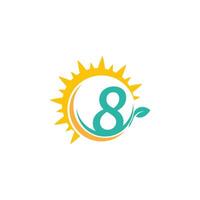 Number 8 icon logo with leaf combined with sunshine design vector