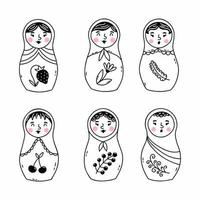 Russian matryoshka doll in doodle style. Set hand drawn illustrations. vector