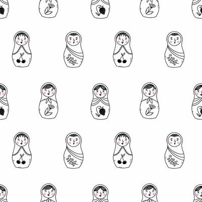 Russian matryoshka doll in doodle style. Seamless background for sewing clothes and printing on fabric. Packing paper.