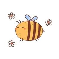Cute flying bee among flowers isolated on white background. Vector hand-drawn illustration in kawaii style. Perfect for cards, print, t-shirt, poster, decorations, logo, various designs.