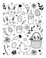 Set of Easter design elements. Cute faces of rabbits and a chick, festive Easter eggs in a basket, Easter cakes, spring twigs, flowers, carrots. Vector hand-drawn illustration in doodle style.