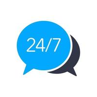 Flat vector illustration of chat bubble with 24 7 text. Suitable for design element of customer service app, always on chat, and call center support assistance symbol.