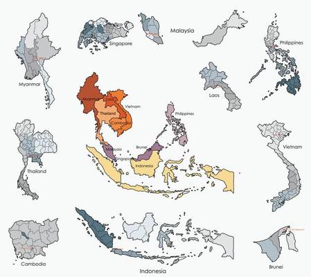 Doodle freehand drawing map of countries of South east Asia.