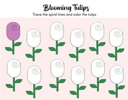 Preschool worksheet, trace the spiral lines and color the tulips. Handwriting practice activity sheet for fine motor skills. vector