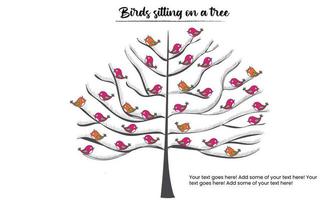 Hand drawn tree with birds sitting on tree branches vector