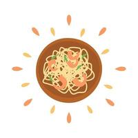 Abstract icon juicy spaghetti with shrimp with splashes isolated on white background - Vector