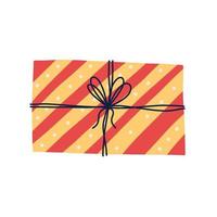 Cute gift box with colorful stripes and thread ribbon, flat vector illustration isolated on white background. Doodle present in holiday wrapping paper.