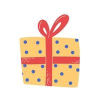 Hand drawn gift box with bow and polka dots wrapping paper, flat vector illustration isolated on white background. Cartoon present for holidays celebrations.