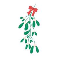 Traditional Christmas plant mistletoe with bow and ribbon, flat vector illustration isolated on white background. Beauty and elegant botanical winter element.