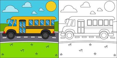 School bus on the highway suitable for children's coloring page vector illustration