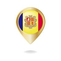 bandera de andorra en el mapa de puntero dorado, ilustración vectorial eps.10 vector