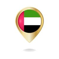 bandera de los emiratos árabes unidos en el mapa de puntero dorado, ilustración vectorial eps.10 vector