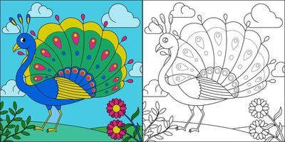 hermoso pavo real adecuado para la ilustración de vector de página para colorear de los niños