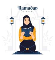 Woman Pray and Reading Quran on Ramadan Kareem concept illustration