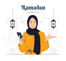 mujer con la mano que sostiene el teléfono inteligente móvil en la ilustración del concepto de ramadan kareem vector