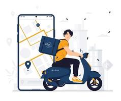 pedido de envío de mensajero de repartidor con ilustración de concepto de scooter de equitación de bolsa vector