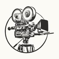 Retro movie camera icon on a tripod. Vector isolated illustration