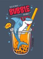 Shark enjoying bubble tea in a glass and plastic straw vector