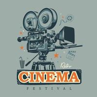 Retro cinema festival cinematography, Old movie camera on tripod poster vector