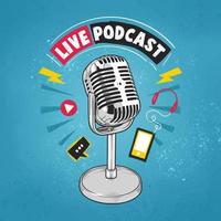 Live podcast with a big microphone poster template vector