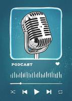 Podcast screen player with a big microphone hand-drawn illustration vector