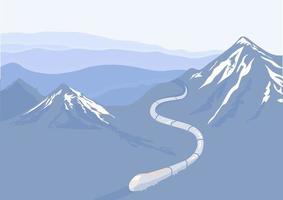 Mountain landscape vector stock illustration. The train descends from the peak of the ridge. Misty mountains with snow-capped peaks. Blue smoky daytime panoramic view. snake