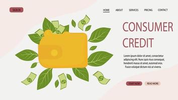 Consumer credit is a banking operation. A green wallet full of money. Coins, dollars, cupra. Vector stock illustration for banner, power, website.