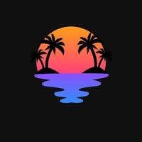 plantilla logo silueta palmera con puesta de sol en la isla vector