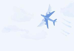 Airplane in the sky vector stock illustration. A flying vehicle among the blue clouds. Space for the text. Travel postcard. The concept of freedom.