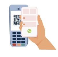 Online shopping concept vector stock illustration. Qr code payment. A hand with a smartphone pays for a purchase through a POS terminal. Isolated on a white background.