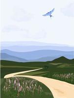 Meadow on a sunny day vector stock illustration. Nature vertical wallpaper. Green field, hill, road, forest sky view, clouds, birds, mountains, fog. Isolated on a white background.