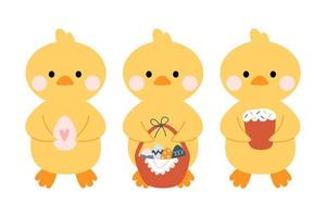 Kawaii cute chickens, ducklings. Happy Easter. Charming clipart for postcards, prints, banners, templates, social media and web. Vector cartoon illustration.