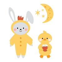 lindo conejito kawaii, disfraz de conejo y pollo y pollo, patito con luna y estrellas. Felices Pascuas. clipart encantador para postales, impresiones, pancartas, plantillas, redes sociales, web. vector