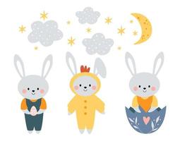 Kawaii cute bunnies, rabbits. A rabbit in a chicken costume. A rabbit in an eggshell. Happy Easter. Clipart for postcards, prints, banners, templates, social media, web. Vector cartoon illustration.