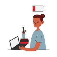 Emotional and professional burnout concept. A sad child girl with a low battery in a flat style. Stress, depression, anxiety, mental disorders. Hard study. Vector illustration on a white background.