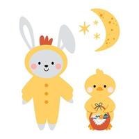 lindo conejito kawaii, disfraz de conejo y pollo y pollo, patito con luna y estrellas. Felices Pascuas. clipart encantador para postales, impresiones, pancartas, plantillas, redes sociales, web. vector