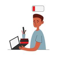 Emotional and professional burnout concept. A sad child boy with a low battery in a flat style. Stress, depression, anxiety, mental disorders. Hard study. Vector illustration on a white background.