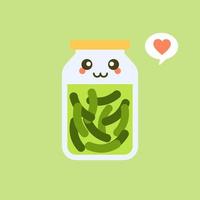 Kawaii and cute pickles in jar, isolated jar of pickled cucumbers. Marinated vegetables in can, homemade production full of probiotics. Fermented veggies, crunch gherkin with salt. Flat design style vector