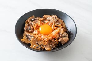 pork bulgogi rice bowl with kimchi and Korean pickled egg photo