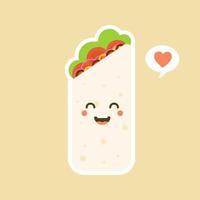 Cute and kawaii funny smiling happy burrito. Mexican food flat design vector illustration. Traditional Mexican meal, fast food. Bright and positive clipart, composition.