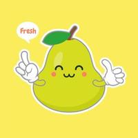 lindos y felices personajes de dibujos animados de pera verde para comida saludable, vegano y diseño de cocina. pera kawaii con expresión graciosa vector