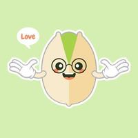 cute and kawaii Pistachio nuts character in the shell. Open and fried fresh organic food. Singles and group. Nuts vector illustrations isolated on color background.