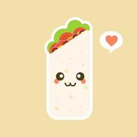 Cute and kawaii funny smiling happy burrito. Mexican food flat design vector illustration. Traditional Mexican meal, fast food. Bright and positive clipart, composition.